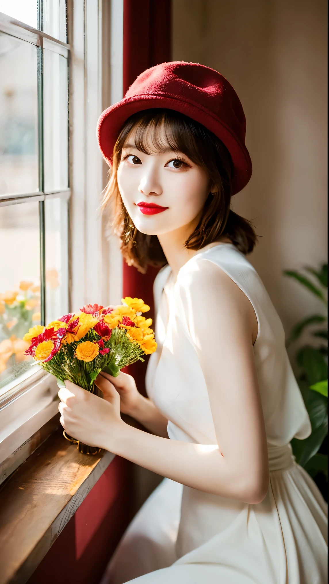 Spring, warm spring sun, natural portrait, a woman wearing red lipstick squatting, Chinese style portrait, a woman wearing a hat and dress holding a flower, three-dimensional portrait, a woman wearing a white dress sitting on the windowsill,