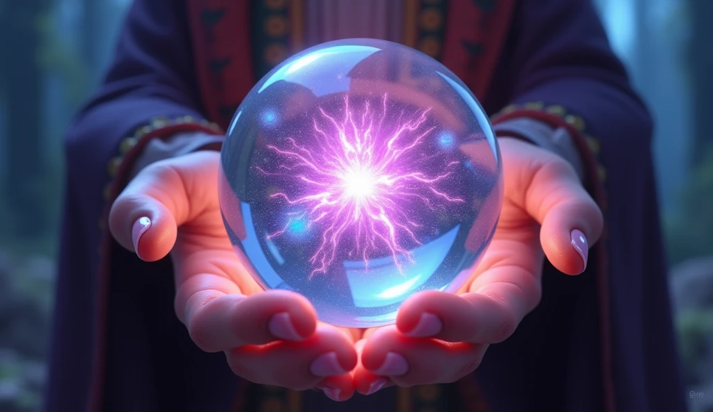 a close-up of a BLONDE child with long hair, BIG BALL OF electrified ICE IN HANDS. WINGS OF LIGHT SMOKE GREEN.