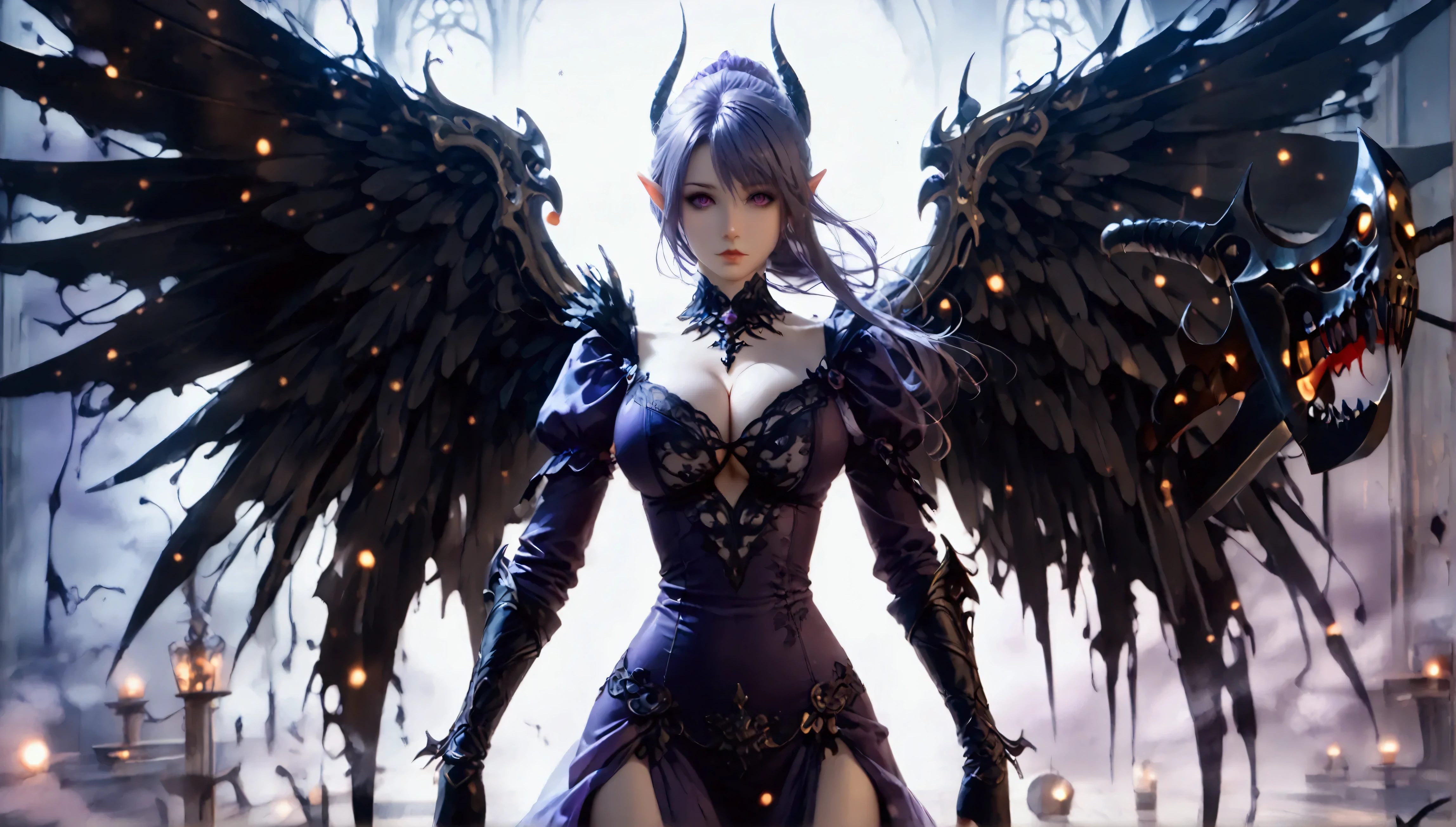 (8k, top quality, Masterpiece , Final Fantasy Style: 1.2),Atmospheric perspective, 8K, Very detailed, Accurate, Highest quality, masterpiece, Very detailed,Sharp focus, High resolution, full body shot of a reaper female elf, Complex, Narrow Face, elegant, Wearing a sapphire necklace, Black lightweight dress with straps, large black wings on her back, sexy black boots, (carrying a long big Deathscythe on her back:1.5), (Covered by an eerie purple mist, flying over, floating from a floor:1.7), , ((large breasts:1.2), (huge breasts:1.2), (Uplifted and well-defined bust:1.2), (lifted chest:1.2), (perky breasts :1.2),(deep cleavage:1.4)) and a huge waist, (sexy long legs, whole body picture:1.5), To the camera, Very detailed, Digital Painting, Art Station, Concept Art, Smooth, Sharp focus, figure, ArtJam, Greg Rutkowski, Art by Alphonse Mucha, 8K, Volumetric Fog, bloom, light, lumen, Crank blur, Retrospective shot of rear loam、angle from below, Low - Angle,