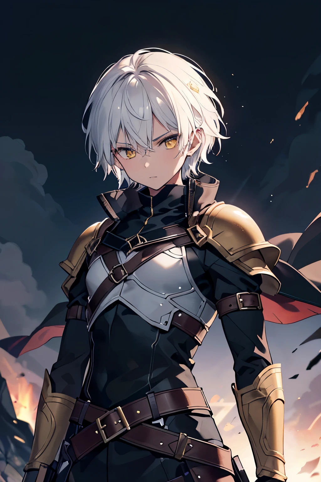 ( High Quality , Breathtaking),(expressive eye,  perfect face) ((1人のmaleの子)), male, Alone, Young people,  white hair , yellow eye, ( Short Pointed Hairstyle )   short hair length , (Dark Skin),  Soft and Serious Look , Archer Occupation ,  Thief's Outfit ,  cargo pants with dowels ,  Lots of Belts , black leather armor,  Dagger and Knife , Environmental Background,  fantasy costume,  fantasy costume, DnD Rogue Class, half body,  black and brown clothing palette, ((tan skin color)), Rogue,  Leather Arm Guard , fantasy, ( Big Stigma ),  character focus , (( black light )),((Dim lighting)),  cinematic lighting  ,( darkness), ( concept art ), (glowing eye),  high definition ,  Highly Detailed CG Unity 8K Wallpaper, ((masterpiece)), ((最 High Quality )), ( beautiful illustration ), (( extremely delicate and beautiful)), (masterpiece, 最 High Quality , ultra  high definition ), glowing yellow eye,  bright _eye, ultra detailed eye, Beautifully detailed face, detailed eye, (Center, body), ( Wide Shot :0.9),  facing the viewer , eye線, (( fully clothed ))