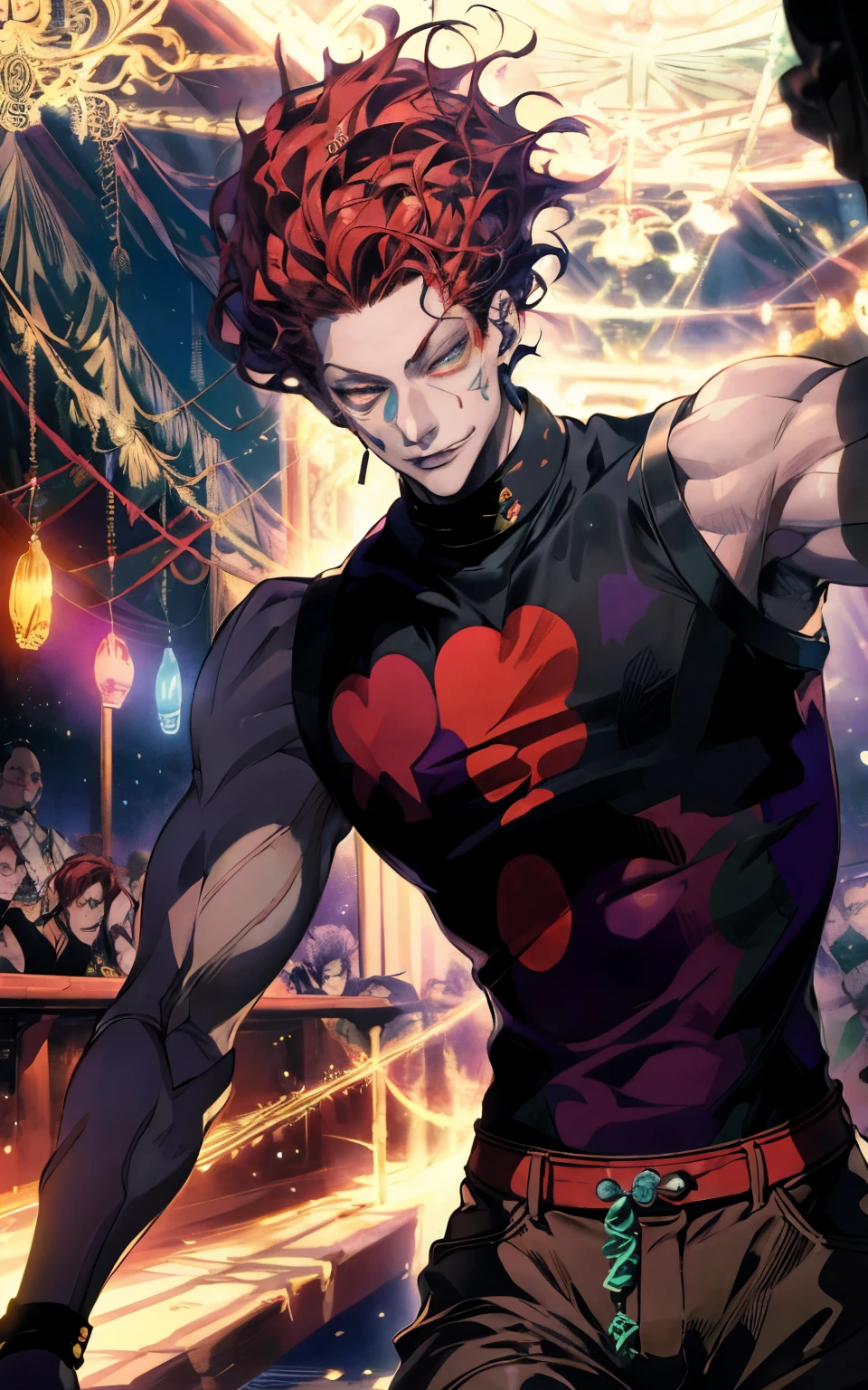 A breathtaking, ultra-detailed anime-style illustration of Hisoka Morow from Hunter x Hunter in an extravagant circus setting. Hisoka, with his signature sleeveless outfit, stands confidently under the vivid glow of neon circus lights. His mischievous smirk and sharp, piercing eyes exude an enigmatic aura. He balances effortlessly on a unicycle while juggling cards, each glowing faintly with an ethereal aura. The scene features an intricate, colorful circus tent in the background, with performers and acrobats faintly visible. Vibrant reds, purples, and gold dominate the color palette, creating a surreal and dreamlike atmosphere. The composition highlights his dynamic pose, with his hair catching the neon lights and his aura blending seamlessly into the whimsical, chaotic setting. (Masterpiece, best quality, ultra-high resolution, intricate details, cinematic lighting).