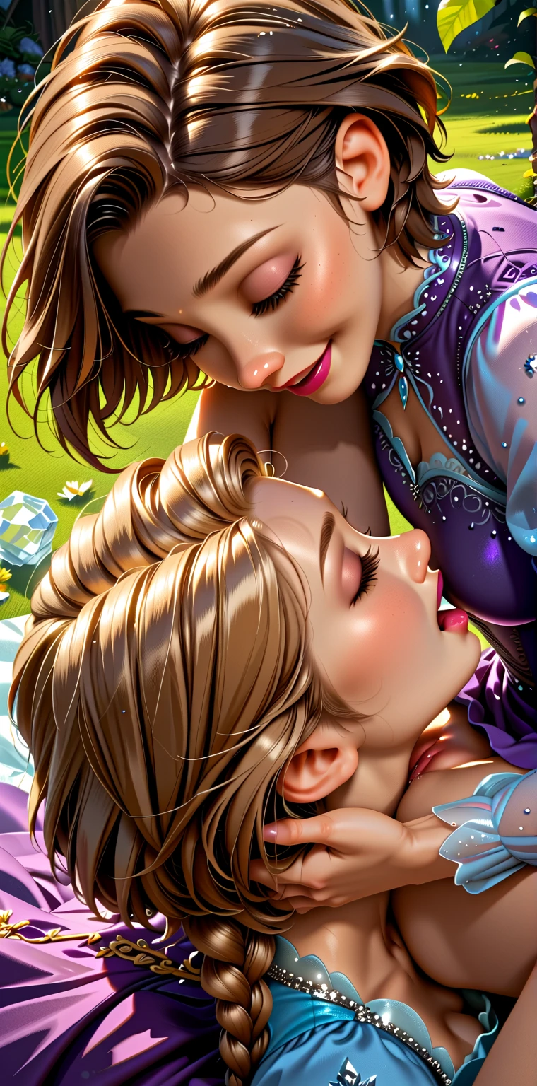 Score_9, score_8_up, score_7_up, rating_safe, source_comic, detailed soft lighting, 2girls, BREAK, Elsa from Frozen, (blonde hair, braid, ice blue dress:1.3), BREAK, Rapunzel from Tangled, (brown hair, short hair, purple dress:1.5), BREAK yuri, girlfriends, on a romantic date, enjoying a picnic, smile, beautiful eyes, open eyes, (masterpiece, best quality, highly detailed, beautiful), ((((Cunnilingus)))) .