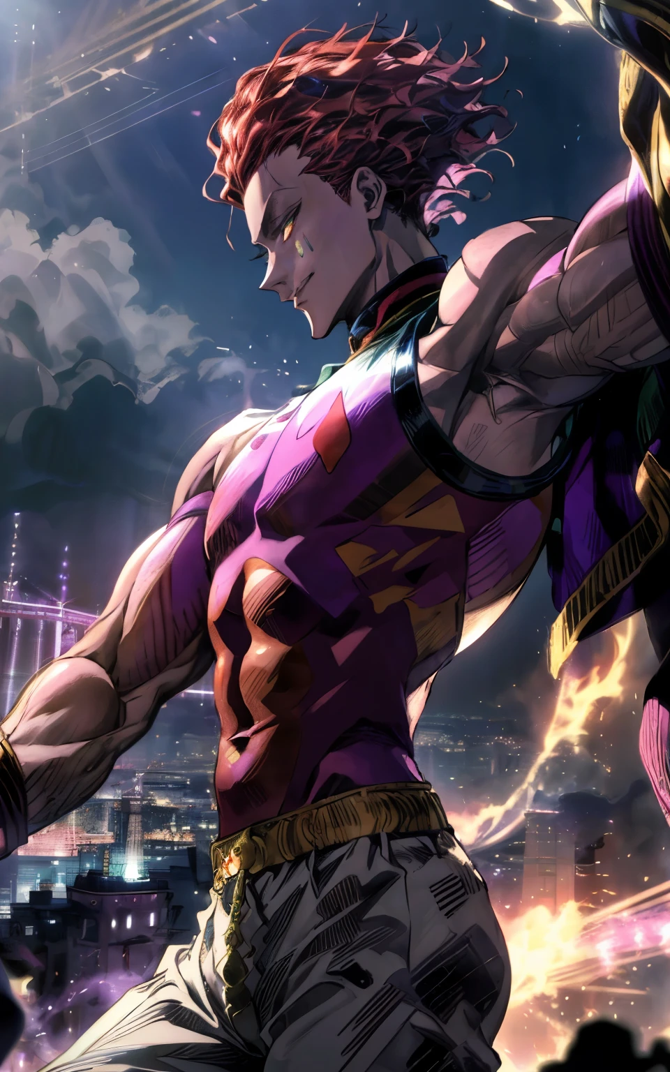 A stunning, ultra-detailed anime-style illustration of Hisoka Morow from Hunter x Hunter in a grand, whimsical circus. Hisoka, in his iconic sleeveless outfit, is perched dramatically on a high wire, his lithe form radiating confidence and danger. His striking yellow eyes, intricately detailed with a sharp, hypnotic glow, captivate the viewer, exuding an air of cunning and unpredictability. Cards hover around him mid-air, glowing faintly with a magical aura, as if ready to strike. The vivid, colorful backdrop features a towering circus tent bathed in vibrant neon lights, with swirling mist and dynamic spotlights. The scene brims with motion and energy, combining rich reds, purples, and gold tones. Hisoka’s aura blends seamlessly with the dynamic and chaotic atmosphere, while his signature smirk adds an enigmatic flair. (Masterpiece, best quality, ultra-high resolution, intricate details, cinematic lighting, vivid neon colors).