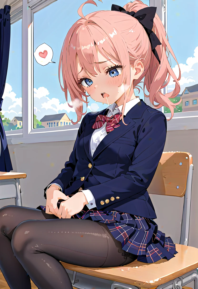 (masterpiece,beautiful,hughres,CG,8k,16k,best quality,high-resolution,detailed fingers,detailed hands,detailed legs,detailed eyes:1.5),from side,panties focus,1girl,Alone,(During class,classroom,school,School Chair:1.5),(School Chairに座る,Extend your legs on a chair:1.2),(pink hair, ponytail,school uniform,white shirt,blazer,ribbon,black tights,pleated skirt,black skirt:1.2),(white panties:1.2),(large breasts:1.1),sitting,(Lean back,Lean on the back of a chair,reclining:1.1),(MASTURBATING UNDER PANTIES:1.2),(My legs:1.2),(legs up:1.1),(knees to chest:1.1),(female orgasm,pussy juice:1.3),(trembling:1.4),(gasping,heavy breathing,blush:1.5),(impatience1.1),flustered,(fidgeting around:1.4),(steam:1.2),(sweat skin:1.4),(streaming tears:1.2),drooling,(looking down:1.4),(spoken heart:1.2),(narrow one's eyes:1.6),(open mouth)