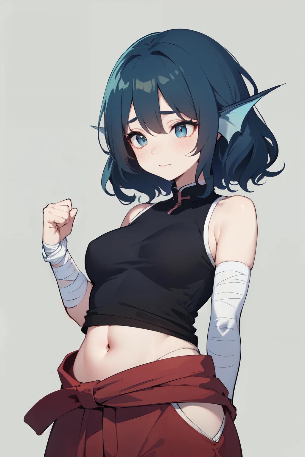 (Best Quality,Unparalleled Masterpiece:1.4),Ultra-Detailed CG 4K,(Ultra-Detailed Clear Absurdly-Vivid white Big Eyes:1.2),Gorgeous Round Detailed Face(Voluptuous:1.4),ADULT(Bangs:1.2)(wakasagihime, 1women, age 20, medium breast, thick, short stack, big head, (short:1.1), white eyes, blind, blue hair, short hair, head fins, sleeveless shirt, martial artist, martial artist, Kung-fu, monk, loose pants, training outfit, adventurer's gear, (hand bandages, elbow bandages:1.1), fighter, focused, masterpiece, best quality, (fantasy:1.1),(fit:0.9), (muscular:0.9), shiny skin.)(Solo:1.4)(1Girl: 0.5)(looking down:1.2)(kung-fu:1.2),Skindentation(Curvaceous:1.4)(Curvy:1.4)(Bimbo: 1.4)(Normal Waist: 1.2)small-nose(relaxed, soft smile:1.2)(narrow eyes:1.4)