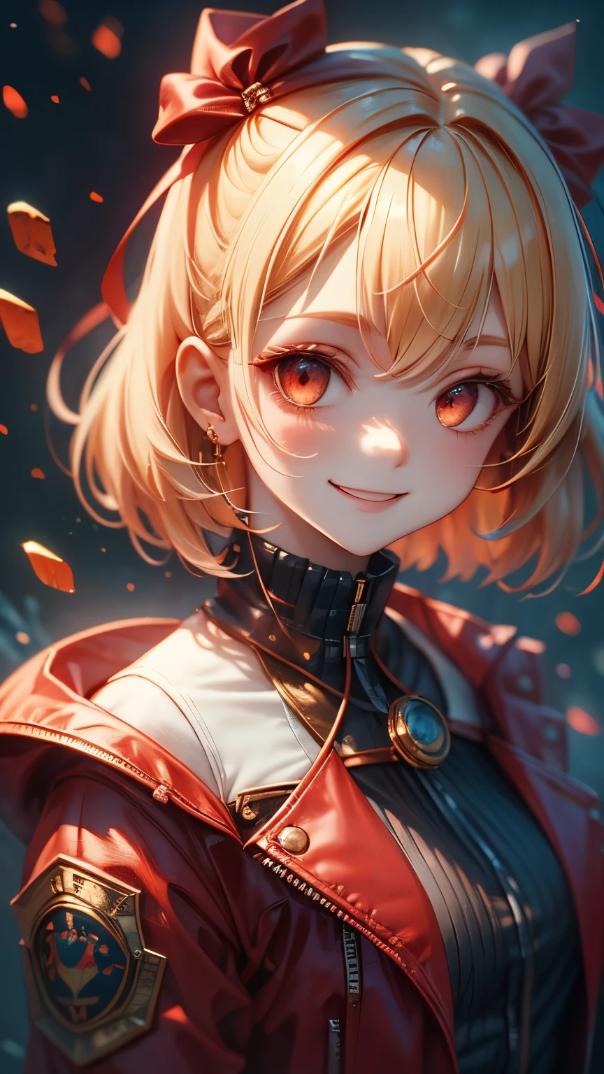  High Quality , 最 High Quality , masterpiece,  absurd, red_ jacket, ribbon, red_eye,  blonde alone_hair, short_hair, hair_ribbon, smile,  1 girl, I have a lot of firearms,