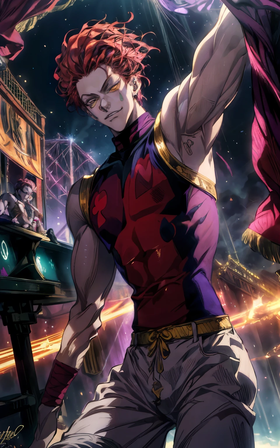 A stunning, ultra-detailed anime-style illustration of Hisoka Morow from Hunter x Hunter in a grand, whimsical circus. Hisoka, in his iconic sleeveless outfit, is perched dramatically on a high wire, his lithe form radiating confidence and danger. His striking yellow eyes, intricately detailed with a sharp, hypnotic glow, captivate the viewer, exuding an air of cunning and unpredictability. Cards hover around him mid-air, glowing faintly with a magical aura, as if ready to strike. The vivid, colorful backdrop features a towering circus tent bathed in vibrant neon lights, with swirling mist and dynamic spotlights. The scene brims with motion and energy, combining rich reds, purples, and gold tones. Hisoka’s aura blends seamlessly with the dynamic and chaotic atmosphere, while his signature smirk adds an enigmatic flair. (Masterpiece, best quality, ultra-high resolution, intricate details, cinematic lighting, vivid neon colors).