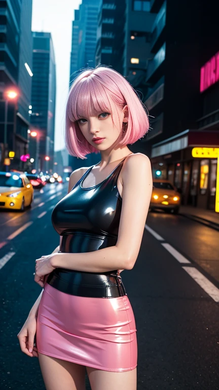 (1 lady), Margot Robbie, beautiful face, pink hair , big boobs,perfect body shape, amazing eyes, warm smile, wearing latex pink gloves, (pink tight dress +long sleeves, pink tight trousers, pink leather Jacket ),  (pantyhose:0.9),model pose, Canon EOS R, deep bokeh, 80mm lens, night city,  Hollywood street background , neon lights, cinematic framing.