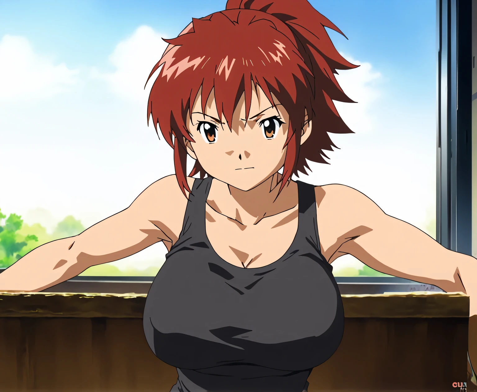 score 9 , score 8 up, score 7 up, source anime, 1girl,  red hairのアニメの girl, alone, Classic Girl, Vibrant,  girl,  created by anime Painter Studio, Handsome,  Girl Romance , Brave,  anime Style ,  official fanart ,  ponytail, Short Hair,  red hair, A faint smile,  Teal Eyelids,  visual novel ,  Colored Sketch anime manga Panel, Muscular Girl ,  2000s anime Art Style , Big Breasts, collarbone,  Big Breasts , anime/manga, Painted in an anime artist&#39;s studio, In anime style,  and ,  fanart, clothing: black tank top,  Girl Wearing Denim Shorts, anime dick!!!!,  Skin Tight Tank Top , Bare shoulders, Painted in an anime artist&#39;s studio, plain tank top,  realistic anime art style , basic tank top,  digital anime art !!, Bare shoulders, Bare Arms,  in Bowwater art style,  captivating anime girl , anime Drawings, looking at viewer,  Cowboy Shots, female focus, standing, outdoors,