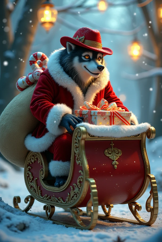 an elegant werewolff wearing a Christmas suit and holding a bag of gifts, Christmas decoration at night
