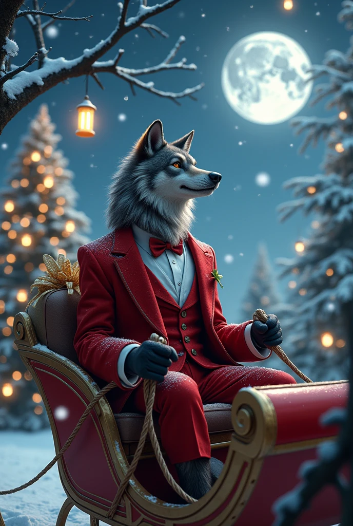 an elegant werewolff wearing a Christmas suit and holding a bag of gifts, Christmas decoration at night
