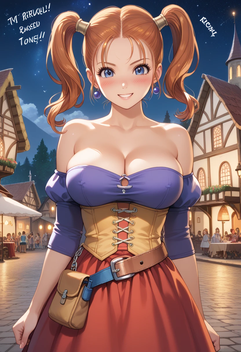 BREAK 1girl,embarrassed,smile,Walk, BREAK 1girl,Jessica Albert/(Dragon Quest VIII/), twintails, purple shirt, strapless dress, corset, earrings, belt, cleavage,big breasts, BREAK Medieval castle town, bustling market, many stalls, super crowded,The world view of Dragon Quest,Night, moonlight,A lot of stars, BREAK 8k,beautiful,best quality,detailed,exquisite,extremely detailedfinely detailed,high quality,insanely detailed,masterpiece,ultra detailed,ultra highres,ultra quality, ((sound effects:1.5)),