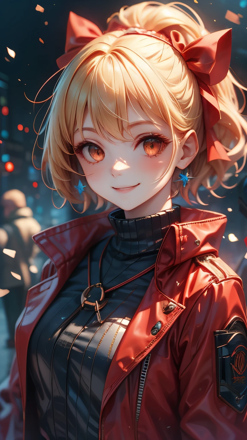  High Quality , 最 High Quality , masterpiece,  absurd, red_ jacket, ribbon, red_eye,  blonde alone_hair, short_hair, hair_ribbon, smile,  1 girl, I have a lot of firearms,