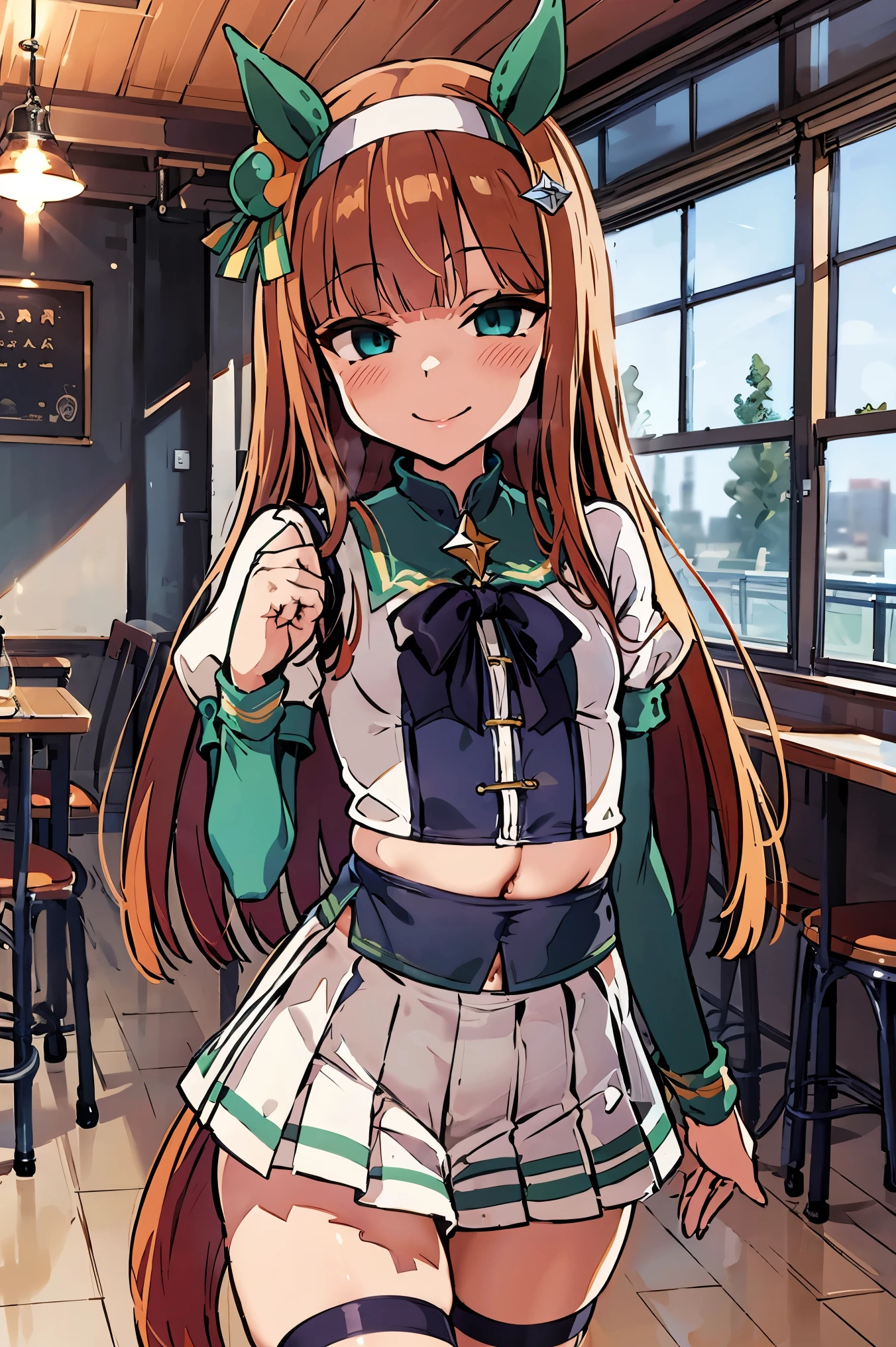 NSFW,masterpiece, top quality, high definition , very detailed , silence Suzuka \(Horse Girl\), maid outfit , crop top, miniskirt,smile, coffee shop