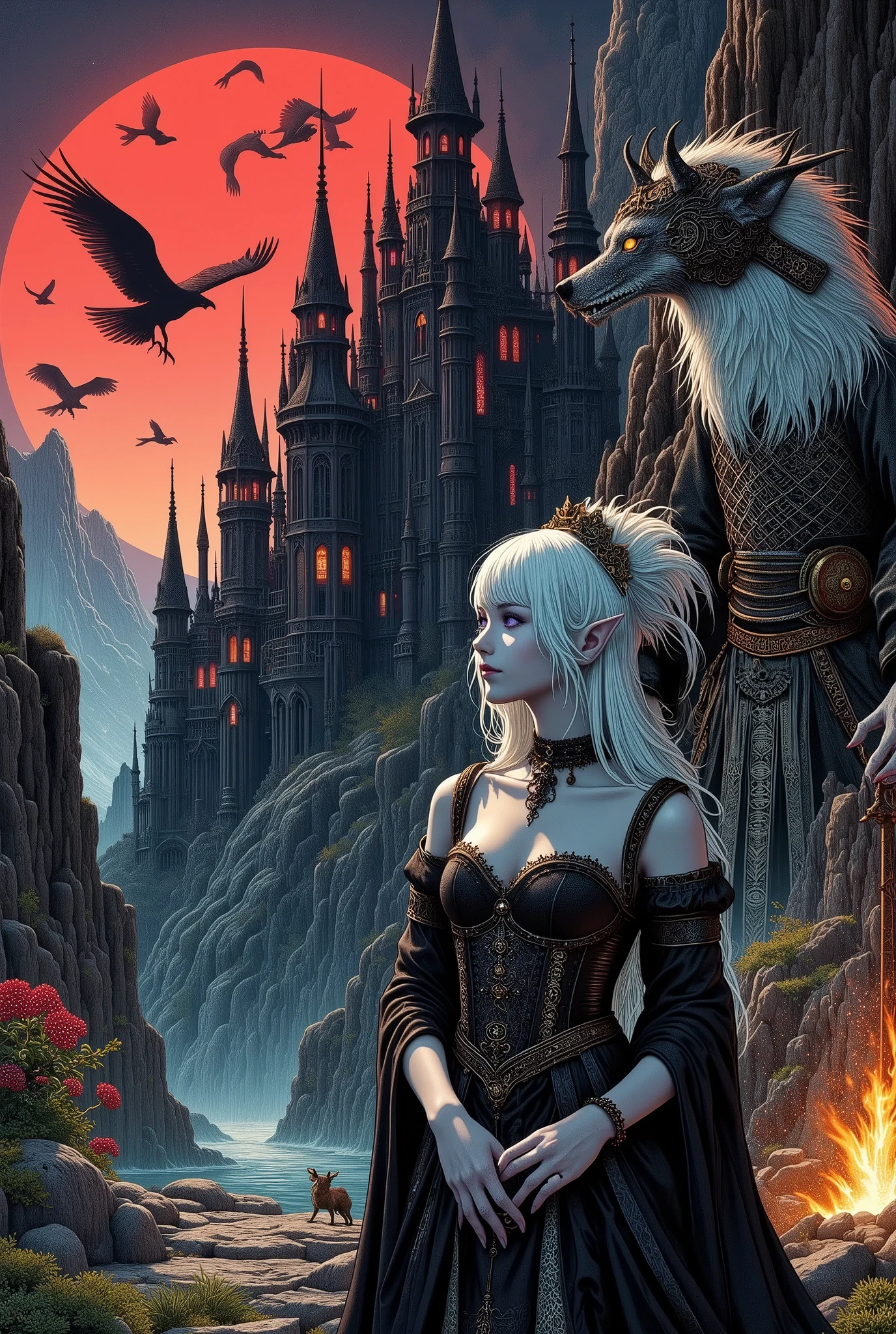 (Ultra-detailed face, Looking away, Fantasy Illustration with Gothic, Dark tone colors.), BREAK 
(This is the world of Castle Ravenloft, the massive gothic Dracula Castle perched atop Barovia's steep, piercing crag, an eerie vulture in the red, blood-colored moonlight that illuminates the night sky.), BREAK 
(A female dark elf vampire hunter, alone with her partner, a tall, slender werewolf, gazes up at Castle Dracula from beside a small campfire.), BREAK 
(The young dark elf vampire hunter has white hair, white eyebrows, blunt bangs, well-cut shoulder-length hair, lavender eyes, small pink lips, dark purple skin, and dark, thick eyeliner.), BREAK 
(The dark elf female vampire hunter wears an obsidian choker and a lace-up dress of jet-black crow's-feather fabric with a 19th century English Victorian amethyst corset. She wears a blackcurrant sash around her waist and an old-fashioned dagger at her hip. She wears bare feet and shiny, jet-black pin heels.), BREAK 
(Her werewolf partner has a pale, glowing hieroglyphic tattoo over his body. He wears a 19th-century English Victorian steampunk-style legal gown with thin copper reliefs. The werewolf has glowing blue eyes, sharp fangs, and sharp hand claws at the ready.)