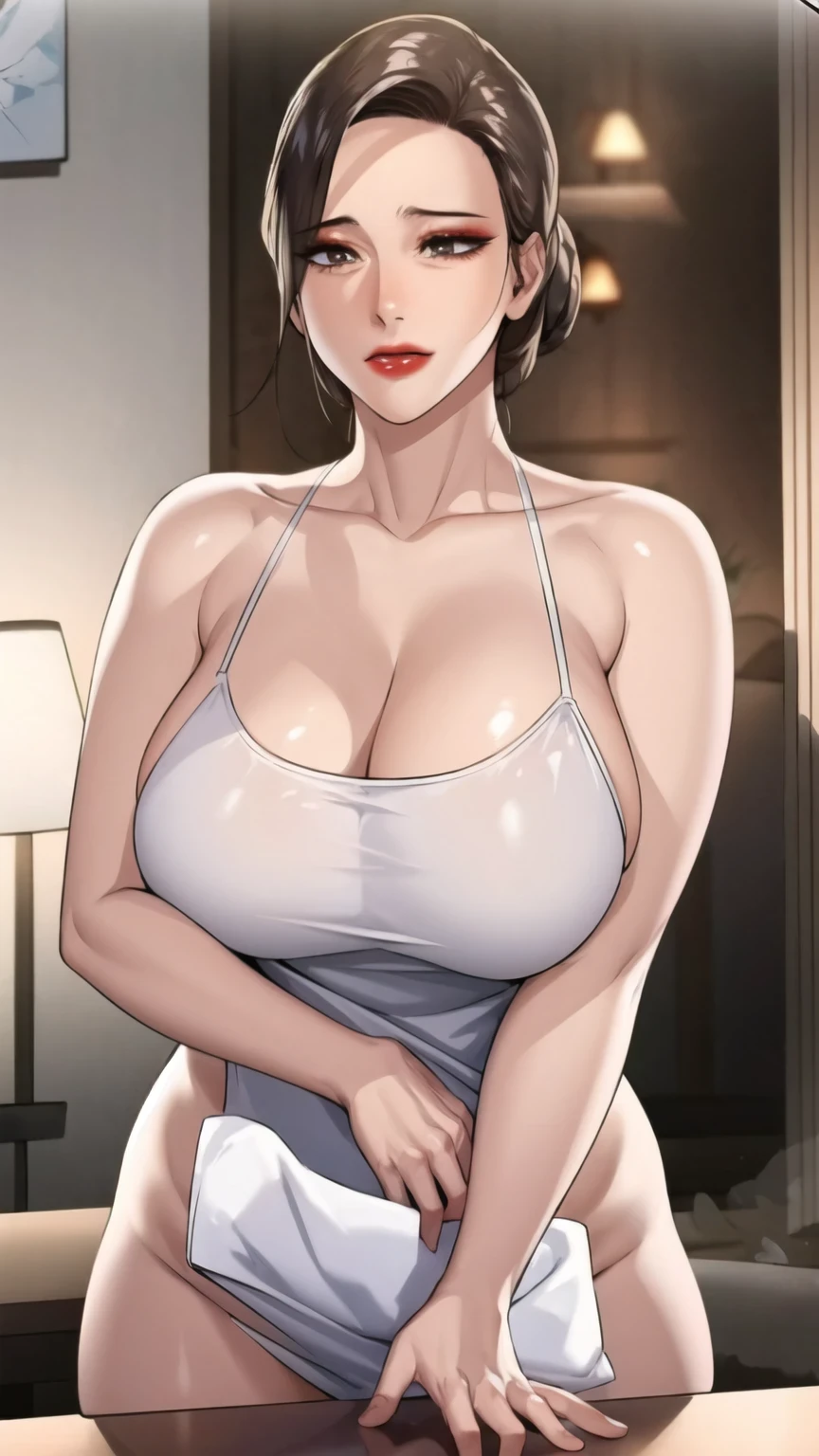 mrs_ahn, 1girl, mature female, milf, motherly, red lips, lipstick, single hair bun, wearing transparent tank top white, massive , big breast, sexy, cleavage exposure.