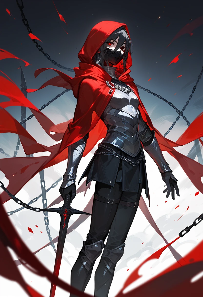 knight,Black Mask ,cool,Skinny red,With a red side shawl,With black chain