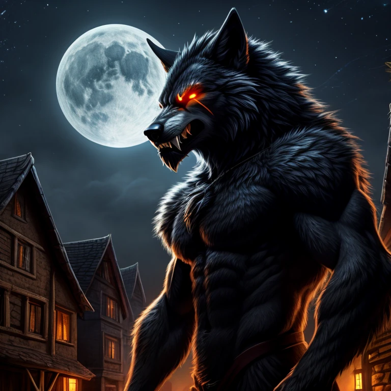 50 meter huge werewolf with a detailed black furred body and amber glowing eyes with, snarling, fangs, wolf tail, slim belly, towering over the houses of a village, night time, portrait with shoulders and chest, semi side angle,