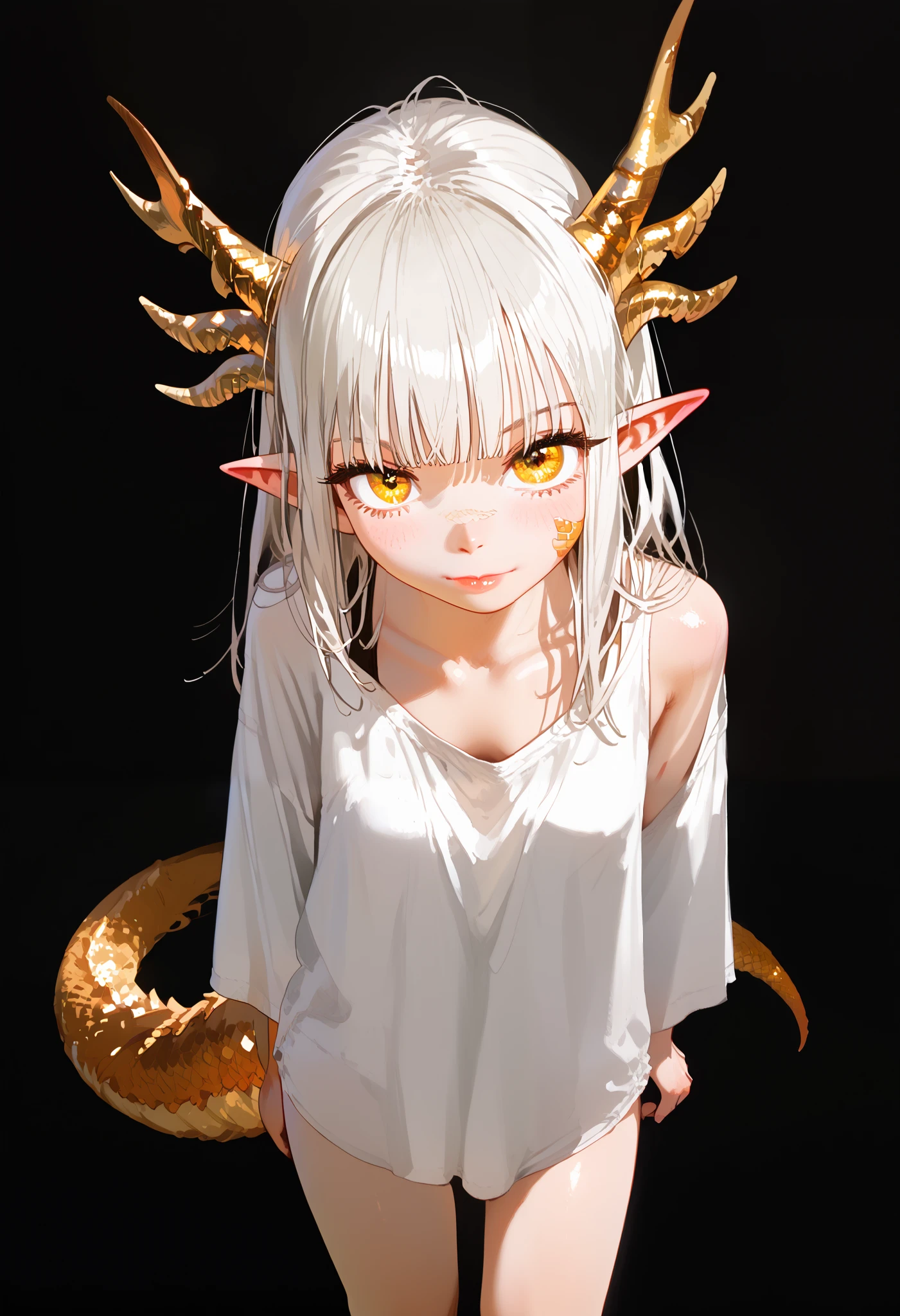 1 , Alone,  long hair,  white hair, Split fringe ,  short bangs,  detailed,  yellow-eyed, Dragon girl,  golden dragon horns ,  dragon tail , golden  dragon tail , pointy ears,  golden scales on the cheek,  wearing a white shirt , camisa oversized, ombro no, bare legs,  arms on the sides , Tiro de Cowboy,   black background,  simple background ,   masterpiece ,  best quality , score_9, score_8_above, score_7_above, score_6_above