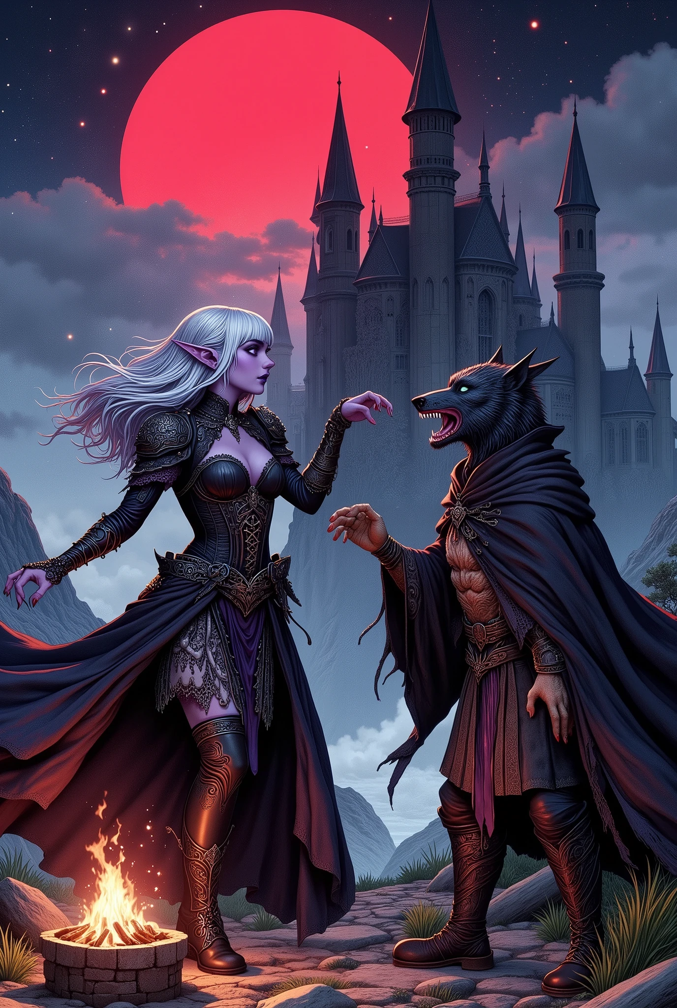 (Ultra-detailed face, Looking away, Fantasy Illustration with Gothic, Dark tone colors.), BREAK 
(This is the world of Castle Ravenloft, the massive gothic Dracula Castle perched atop Barovia's steep, piercing crag, an eerie vulture in the red, blood-colored moonlight that illuminates the night sky.), BREAK 
(A female dark elf vampire hunter, alone with her partner, a tall, slender werewolf, gazes up at Castle Dracula from beside a small campfire.), BREAK 
(The young dark elf vampire hunter has white hair, white eyebrows, blunt bangs, well-cut shoulder-length hair, lavender eyes, small pink lips, dark purple skin, and dark, thick eyeliner.), BREAK 
(The dark elf female vampire hunter wears an obsidian choker and a lace-up dress of jet-black crow's-feather fabric with a 19th century English Victorian amethyst corset. She wears a blackcurrant sash around her waist and an old-fashioned dagger at her hip. She wears bare feet and shiny, jet-black pin heels.), BREAK 
(Her werewolf partner has a pale, glowing hieroglyphic tattoo over his body. He wears a 19th-century English Victorian steampunk-style legal gown with thin copper reliefs. The werewolf has glowing blue eyes, sharp fangs, and sharp hand claws at the ready.)