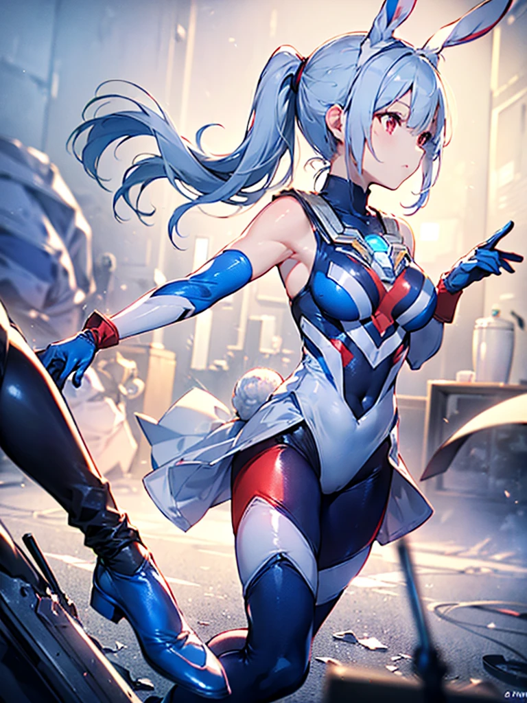 (Close-up:1.3),Realistic,Highest quality, Ultra Detail, High-quality CG rendering, The most delicate and beautiful, Floating softly, High resolution, (1 girl), (Highest quality,4K,8K,masterpiece:1.2) ,Light purple hair,Rabbit,(Bunny ears:1.5),ponytail,Red eyes,(Ultra Girl:1.0),(All blue Ultraman bodysuit:1.5),(All blue gloves:1.5),(All blue shoes:1.5), (Clenched Fist:1.2),(Turn your back to your audience:1.3),Butt