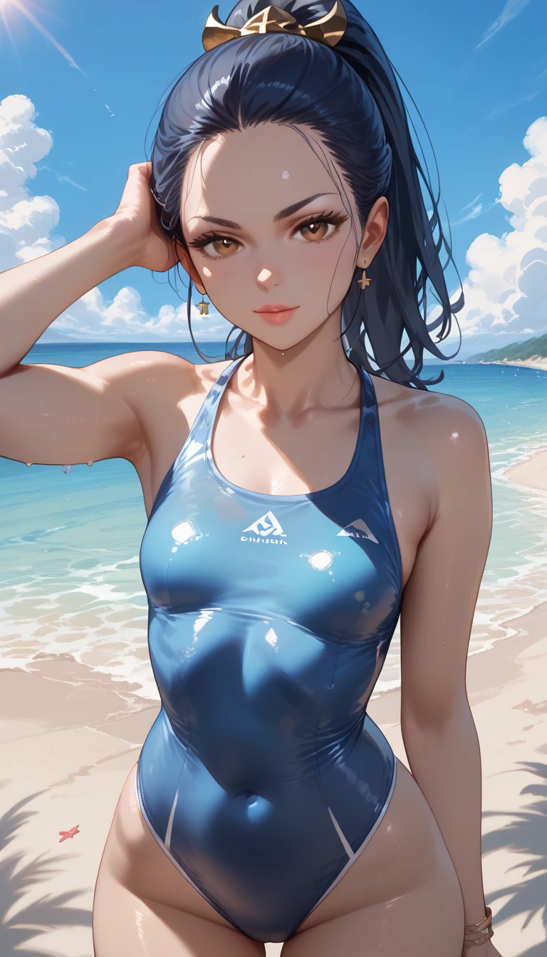 girls on the beach in sexy swimsuits,  pale Asian girl ,  Japanese woman with dark blue long hair tied in a ponytail and very small breasts and snow-white skin,  standing, alone, sexy babe