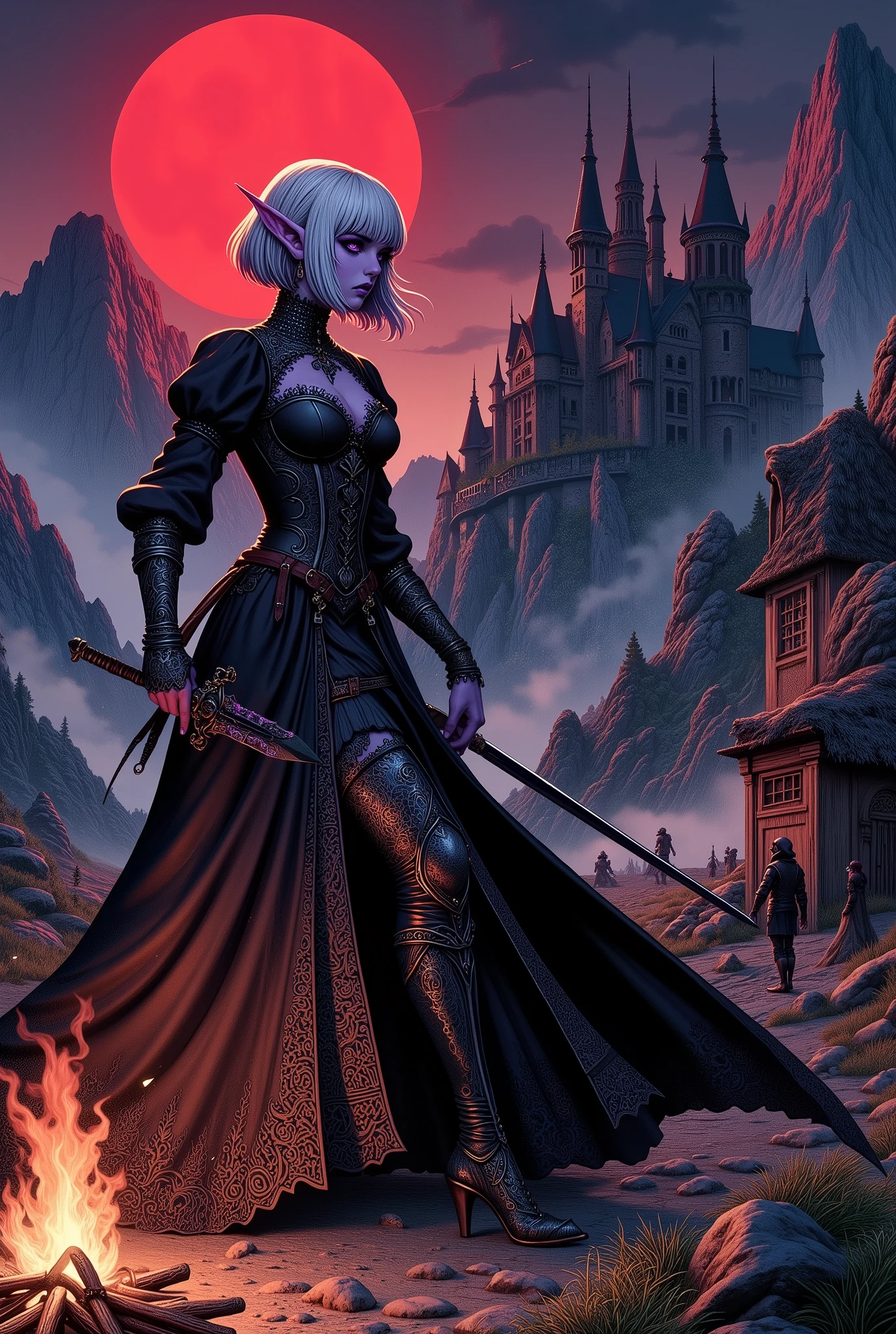 (Ultra-detailed face, Looking away, Fantasy Illustration with Gothic, Dark tone colors.), BREAK 
(This is the world of Castle Ravenloft, the massive gothic Dracula Castle perched atop Barovia's steep, piercing crag, an eerie vulture in the red, blood-colored moonlight that illuminates the night sky.), BREAK 
(A female dark elf vampire hunter and her partner, a tall, slender werewolf, are dancing a sword dance from beside a small campfire, looking up at Dracula's castle.), BREAK 
(The young dark elf vampire hunter has white hair, white eyebrows, blunt bangs, well-cut shoulder-length hair, lavender eyes, small pink lips, dark purple skin, and dark, thick eyeliner.), BREAK 
(The dark elf female vampire hunter wears an obsidian choker and a lace-up dress of jet-black crow's-feather fabric with a 19th century English Victorian amethyst corset. She wears a blackcurrant sash around her waist and an old-fashioned dagger at her hip. She wears bare feet and shiny, jet-black pin heels.), BREAK 
(Her werewolf partner has a pale, glowing hieroglyphic tattoo over his body. He wears a 19th-century English Victorian steampunk-style legal gown with thin copper reliefs. The werewolf has glowing blue eyes, sharp fangs, and sharp hand claws at the ready.)