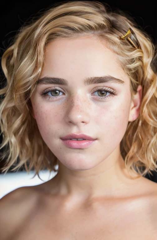 A photographic portrait of a beautiful girl with curls and a lot of freckles., ( dirty blond hair ), (face portrait:1.5), dramatic light ,  Rembrandt lighting scheme , (hyperrealism:1.2), (8k UHD:1.2), ( photorealistic:1.2), Taken with Canon EOS 5D Mark IV,  Detailed face,  detailed hair 