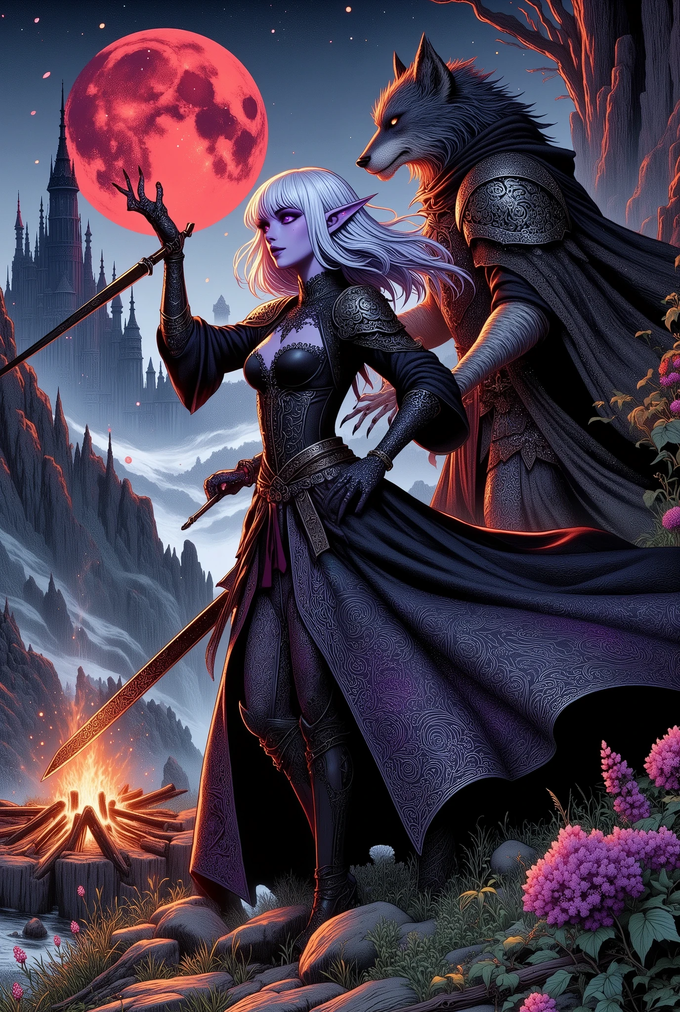 (Ultra-detailed face, Looking away, Fantasy Illustration with Gothic, Dark tone colors.), BREAK 
(This is the world of Castle Ravenloft, the massive gothic Dracula Castle perched atop Barovia's steep, piercing crag, an eerie vulture in the red, blood-colored moonlight that illuminates the night sky.), BREAK 
(A female dark elf vampire hunter and her partner, a tall, slender werewolf, are dancing a sword dance from beside a small campfire, looking up at Dracula's castle.), BREAK 
(The young dark elf vampire hunter has white hair, white eyebrows, blunt bangs, well-cut shoulder-length hair, lavender eyes, small pink lips, dark purple skin, and dark, thick eyeliner.), BREAK 
(The dark elf female vampire hunter wears an obsidian choker and a lace-up dress of jet-black crow's-feather fabric with a 19th century English Victorian amethyst corset. She wears a blackcurrant sash around her waist and an old-fashioned dagger at her hip. She wears bare feet and shiny, jet-black pin heels.), BREAK 
(Her werewolf partner has a pale, glowing hieroglyphic tattoo over his body. He wears a 19th-century English Victorian steampunk-style legal gown with thin copper reliefs. The werewolf has glowing blue eyes, sharp fangs, and sharp hand claws at the ready.)