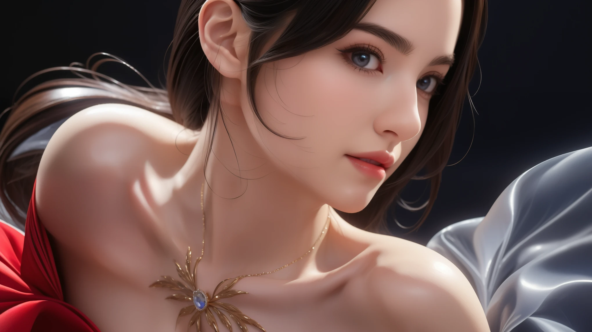 photorealistic, high resolution, 1women, shining skin, solo, tattoo, jewelry, pink lip, long hair, blue eye, closed mouth, hips up, black silk stocking