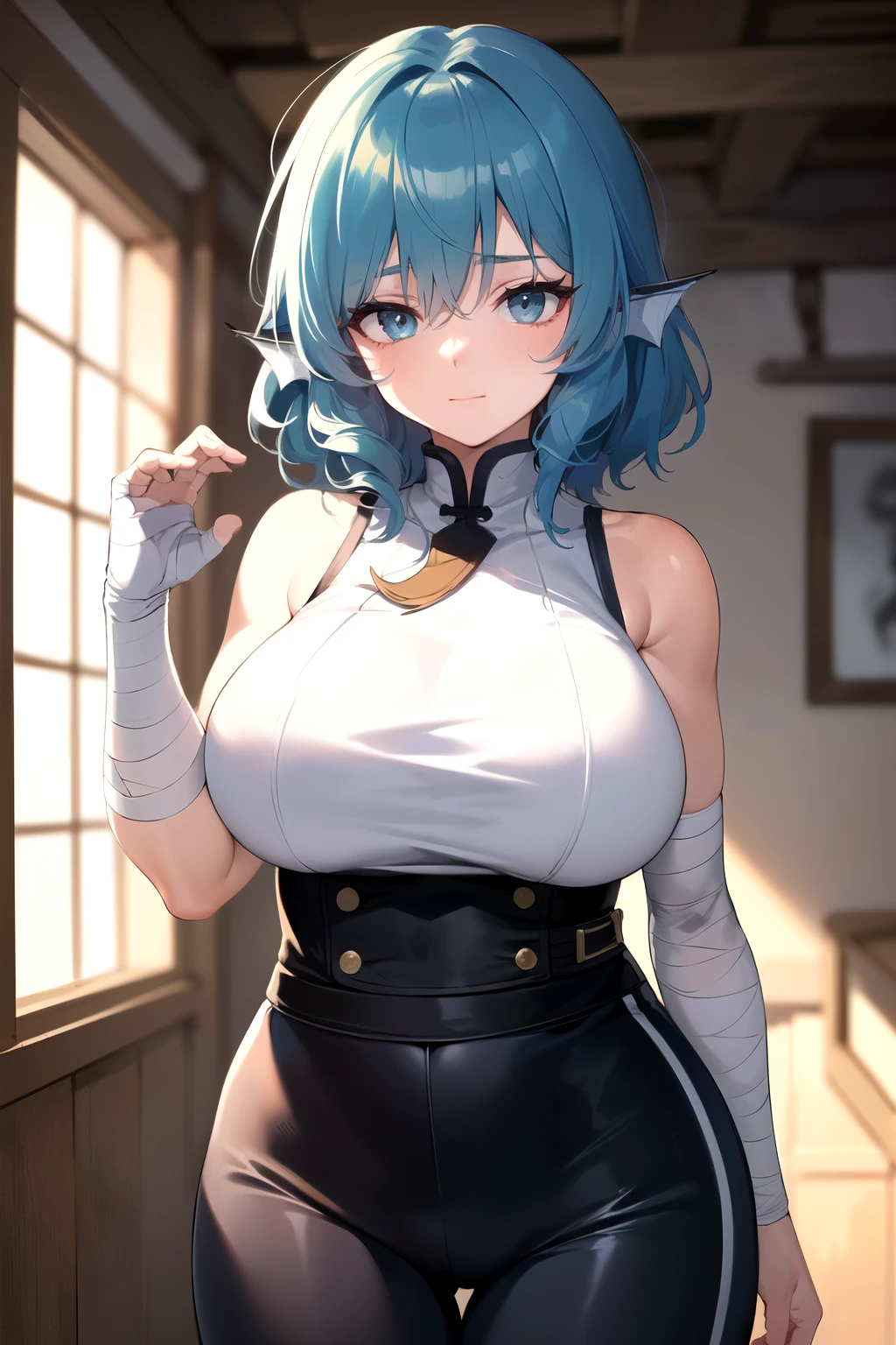 (Best Quality,Unparalleled Masterpiece:1.4),Ultra-Detailed CG 4K,(Ultra-Detailed Clear Absurdly-Vivid white Big Eyes:1.2),Gorgeous Round Detailed Face(Voluptuous:1.4),ADULT(Bangs:1.2)(wakasagihime, 1women, age 20, medium breast, thick, short stack, big head, (short:1.1), white eyes, blind, blue hair, short hair, head fins, sleeveless shirt, martial artist, martial artist, Kung-fu, monk, loose pants, training outfit, adventurer's gear, (hand bandages, elbow bandages:1.1), fighter, focused, masterpiece, best quality,  (fantasy:1.1),(fit:0.9), (muscular:0.9), shiny skin.)(Solo:1.4)(1Girl: 0.5)(looking down:1.2)(kung-fu:1.2),Skindentation(Curvaceous:1.4)(Curvy:1.4)(Bimbo: 1.4)(Normal Waist: 1.2)small-nose(relaxed, soft smile:1.2)(narrow eyes:1.4)