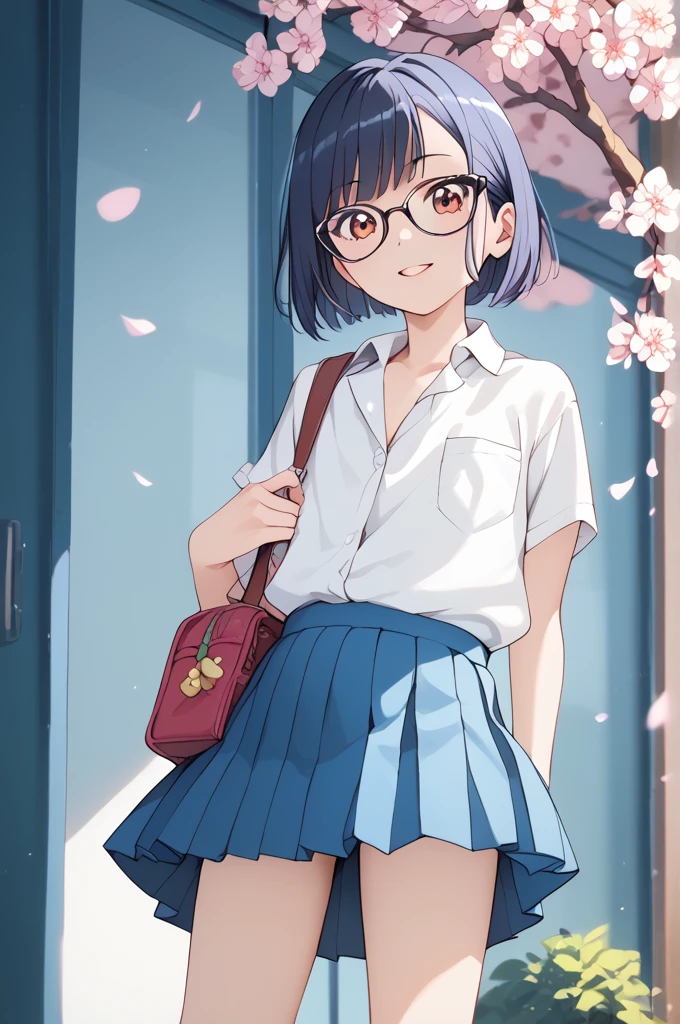  one woman　 　 flat chested　 so cute　 bob cut　Glasses　Spring schoolyard 　Cherry Blossoms　 satchel　blueＴ shirt　 pleated skirt