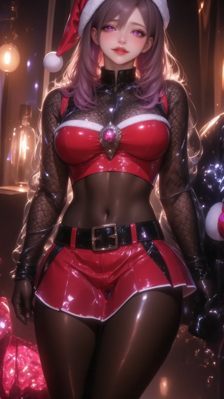  1 mature bewitching woman ,(masterpiece, top quality, very detailed depiction, Incredibly Absurd High Definition ,Curvaceous Body),(Bewitching Queen ),(red latex Santa Claus costume, pencil skirt, Body Stocking,Santa hat,black lace gloves, luxury accessories ,A mysteriously shining jewel, black tights, high heels, thigh high boots ),(Purple Eyes,Crazy Eyes, Half Closed Eyes :1.5, are opening their mouths, bewitching smile, Glossy Lipstick,Beautiful legs, healthy legs,Seductive gestures), standing:2.0, full body image :2.0,Lamplight