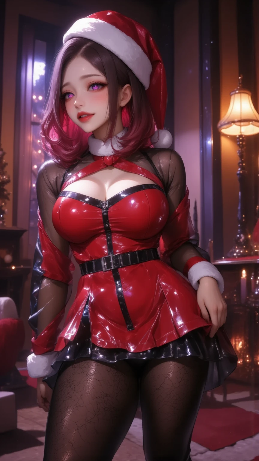  1 mature bewitching woman ,(masterpiece, top quality, very detailed depiction, Incredibly Absurd High Definition ,Curvaceous Body),(Bewitching Queen ),(red latex Santa Claus costume, pencil skirt, Body Stocking,Santa hat,black lace gloves, luxury accessories ,A mysteriously shining jewel, black tights, high heels, thigh high boots ),(Purple Eyes,Crazy Eyes, Half Closed Eyes :1.5, are opening their mouths, bewitching smile, Glossy Lipstick,Beautiful legs, healthy legs,Seductive gestures), standing:2.0, full body image :2.0,Lamplight