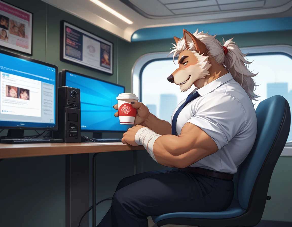 Wolf brown skin eyebrows a small chin white hair with elegant clothes a bandage on the left arm a normal pants a more relaxed expression better quality 4k soft skin anime style better lighting drinking coffee sitting in a chair waiting for the train the 2D anime style dark circles in the eyes a computer just watching the computer ray of sunshine