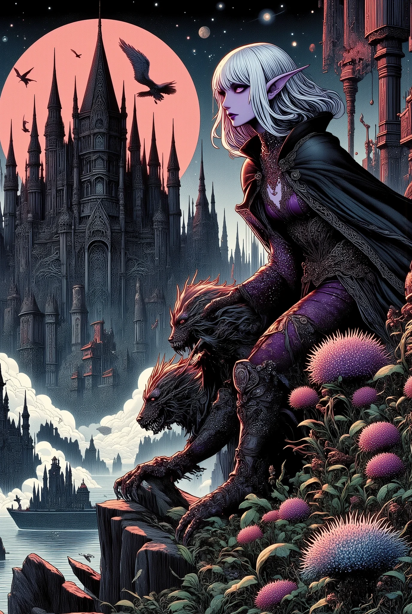 (Ultra-detailed face, Looking away, Fantasy Illustration with Gothic, Dark tone colors.), BREAK 
(This is the world of Castle Ravenloft, the massive gothic Dracula Castle perched atop Barovia's steep, piercing crag, an eerie vulture in the red, blood-colored moonlight that illuminates the night sky.), BREAK 
(A female dark elf vampire hunter, alone with her partner, a tall, slender werewolf, gazes up at Castle Dracula from beside a small campfire.), BREAK 
(The young dark elf vampire hunter has white hair, white eyebrows, blunt bangs, well-cut shoulder-length hair, lavender eyes, small pink lips, dark purple skin, and dark, thick eyeliner.), BREAK 
(The dark elf female vampire hunter wears an obsidian choker and a lace-up dress of jet-black crow's-feather fabric with a 19th century English Victorian amethyst corset. She wears a blackcurrant sash around her waist and an old-fashioned dagger at her hip. She wears bare feet and shiny, jet-black pin heels.), BREAK 
(Her werewolf partner has a pale, glowing hieroglyphic tattoo over his body. He wears a 19th-century English Victorian steampunk-style legal gown with thin copper reliefs. The werewolf has glowing blue eyes, sharp fangs, and sharp hand claws at the ready.)