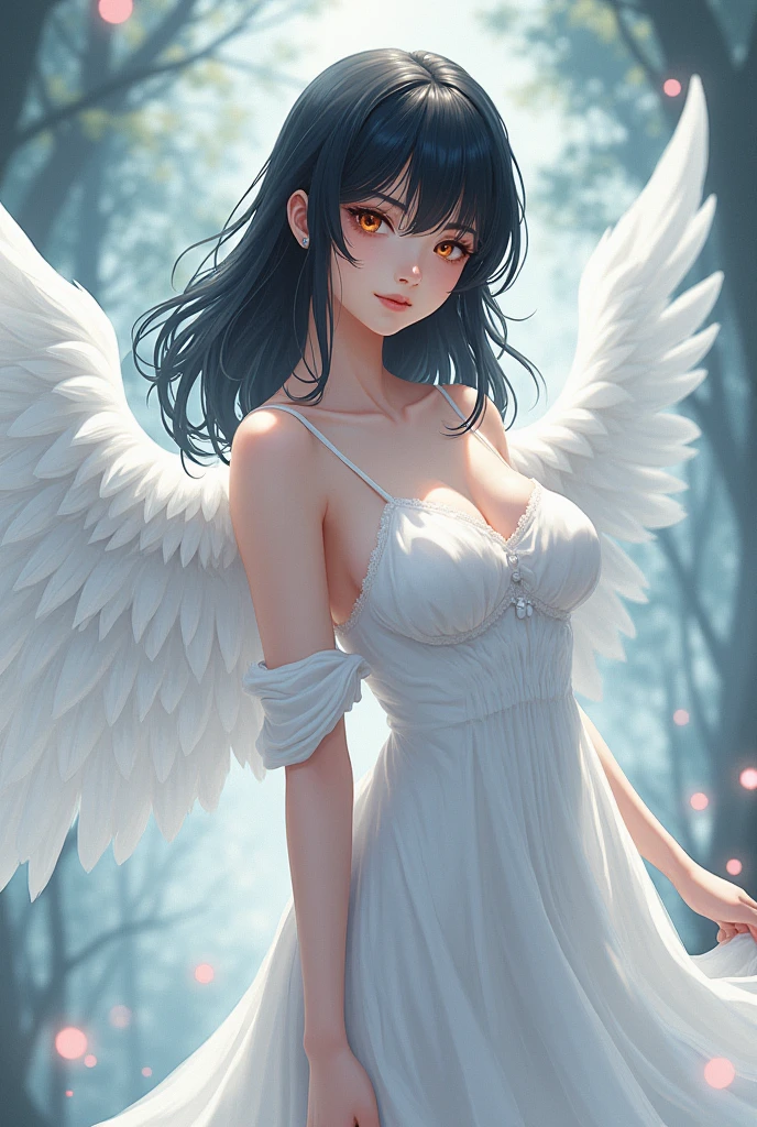 an angel woman of amazing beauty, cabello largo y rubio y rizado, vestido rosado y con grandes alas blancas, cuerpo completo