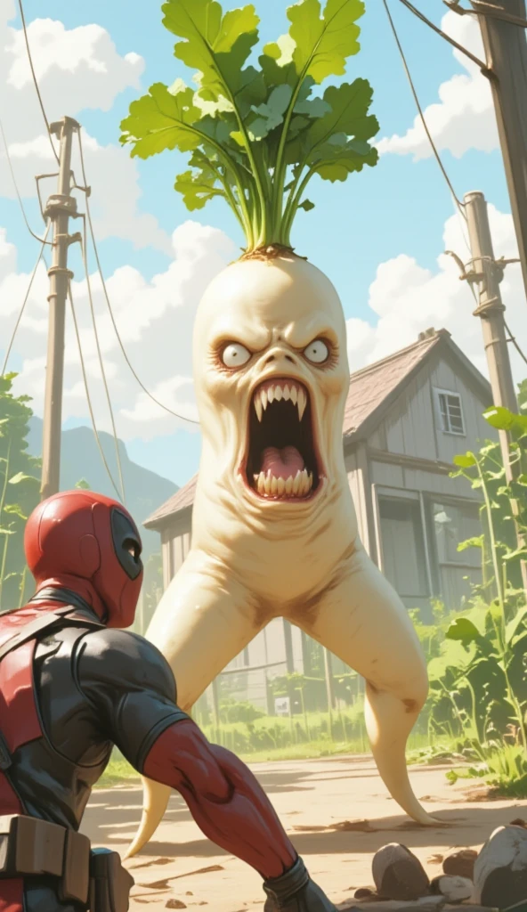 masterpiece, super detail, high details, best quality,  highres icon, (( two-legged daikon two-legged daikon, Bloodshot eyes, Screaming,  Mandragora , The cursed crop, facing with deadpool )), Unique and unusual shape ,  pulled out of the ground , farm, 2D illustration