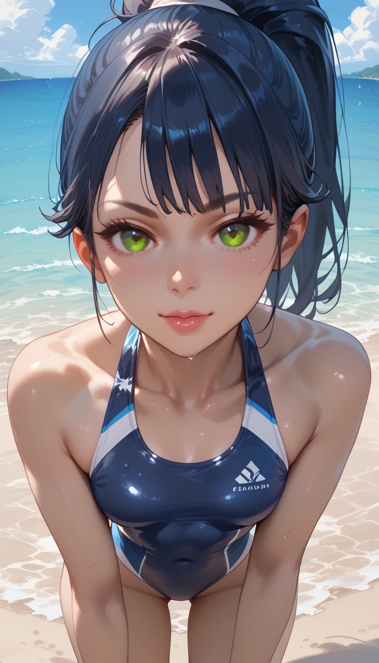 adult женщина 20 лет, point of view shot, full frame POV ,  dark blue hair , ponytail hairstyle,  girl with small breasts ,  in a swimsuit on the beach ,  brown eyes , adult