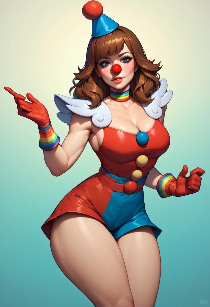 Anime style, source_anime, ((Large round breasts)), (1 Girl), ((raimbow hair)), white eyes, double eyelids, light effect in the eyes, wide hips, naughty smile, ((hourglass hot perfect sexy body)), solo, best quality, masterpiece, portrait, flirting with viewer, sensual pose, detailed, perfect anatomy, detailed art, high definition, 4k , high resolution, (cosplay pomni clown),
