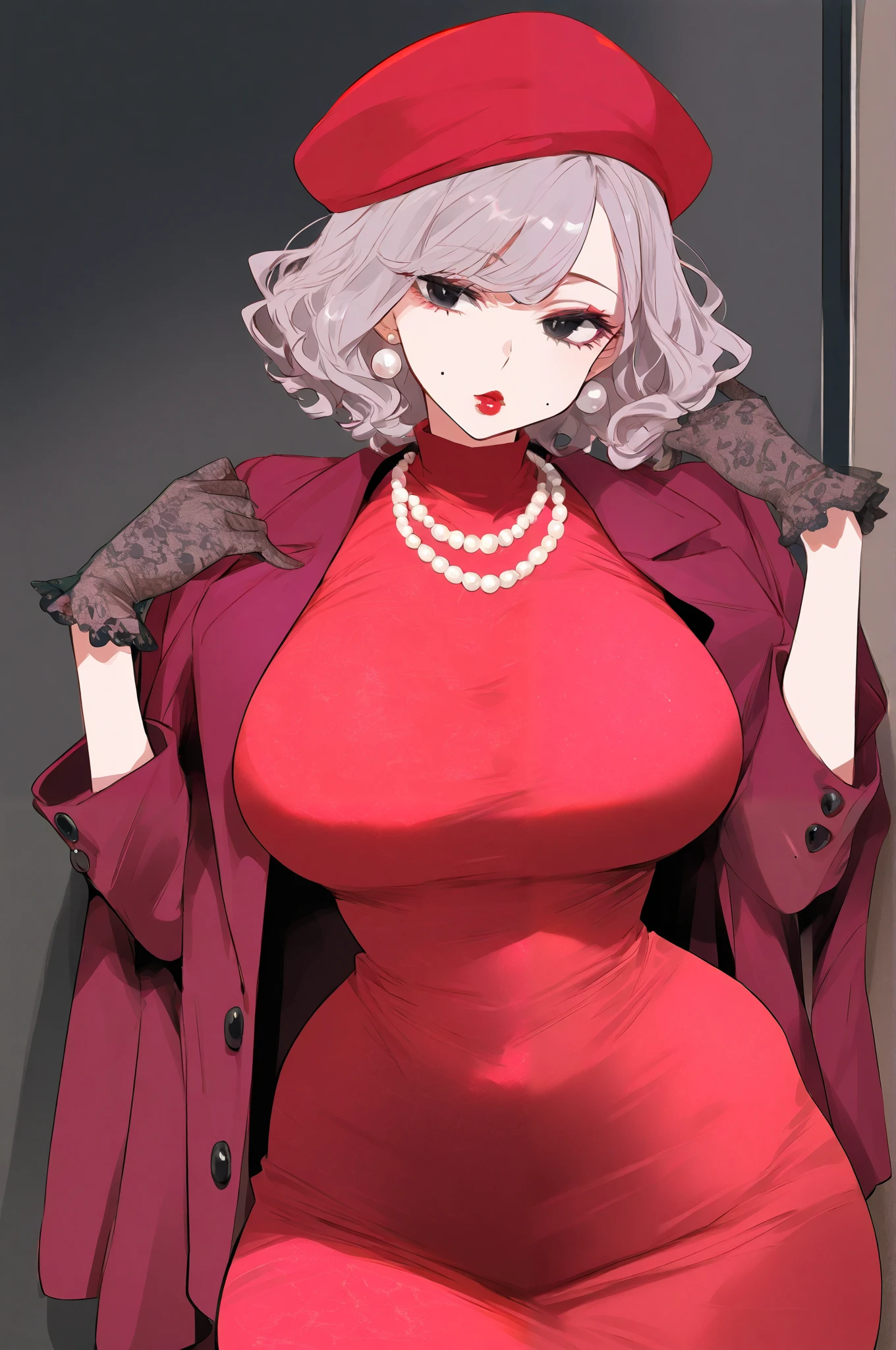 a woman with short hair messy hair wavy hair bob black eyes grey hair wearing a red Blazer dress with a pearl necklace and pearl earrings and black Lacey gloves wearing red hat pouty lips red lips mole on cheeks full and curvy shape score_9_up, score_8_up, masterpiece, best quality