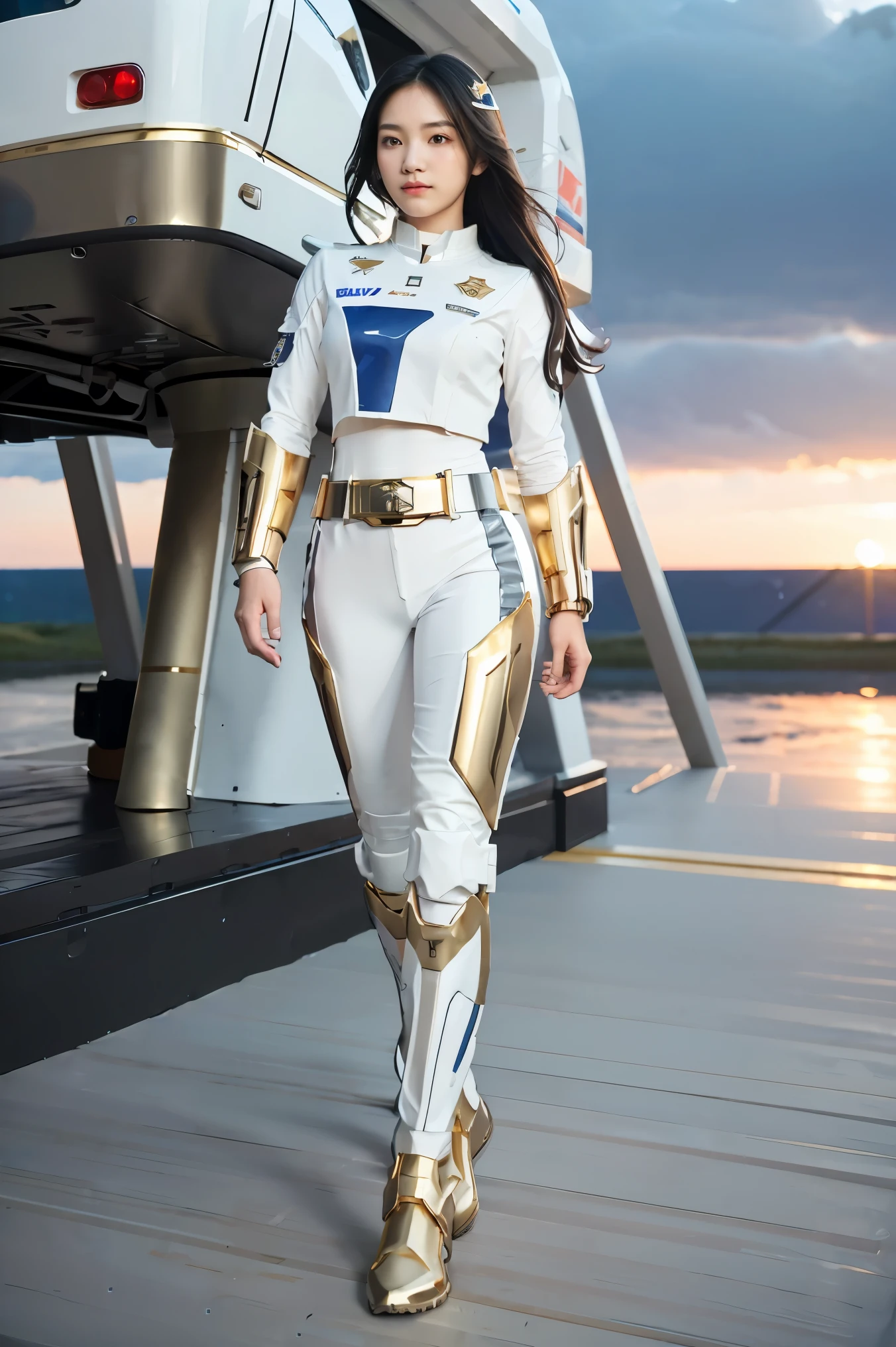 ((masterpiece, best quality, extremely detailed), volumetric lighting, ambient occlusion, colorful, glowing),
1girl, solo, young girl, (dark hair), long hair, halo, aura, sacred, goddess, cleric suit, (white outfit with gold detailst:1.3), armor,
outdoors, sunset, sky, clouds, space, (fantasy theme:1.2),ม 1girl, full body, Illustration, cinematic light, high resolution, best quality, ultra-detailed, masterpiece, power suit, powerranger, suit, spd, (Silver and Gold chest plate), white and gold detail, (((white suit))), ((police theme:1.2))