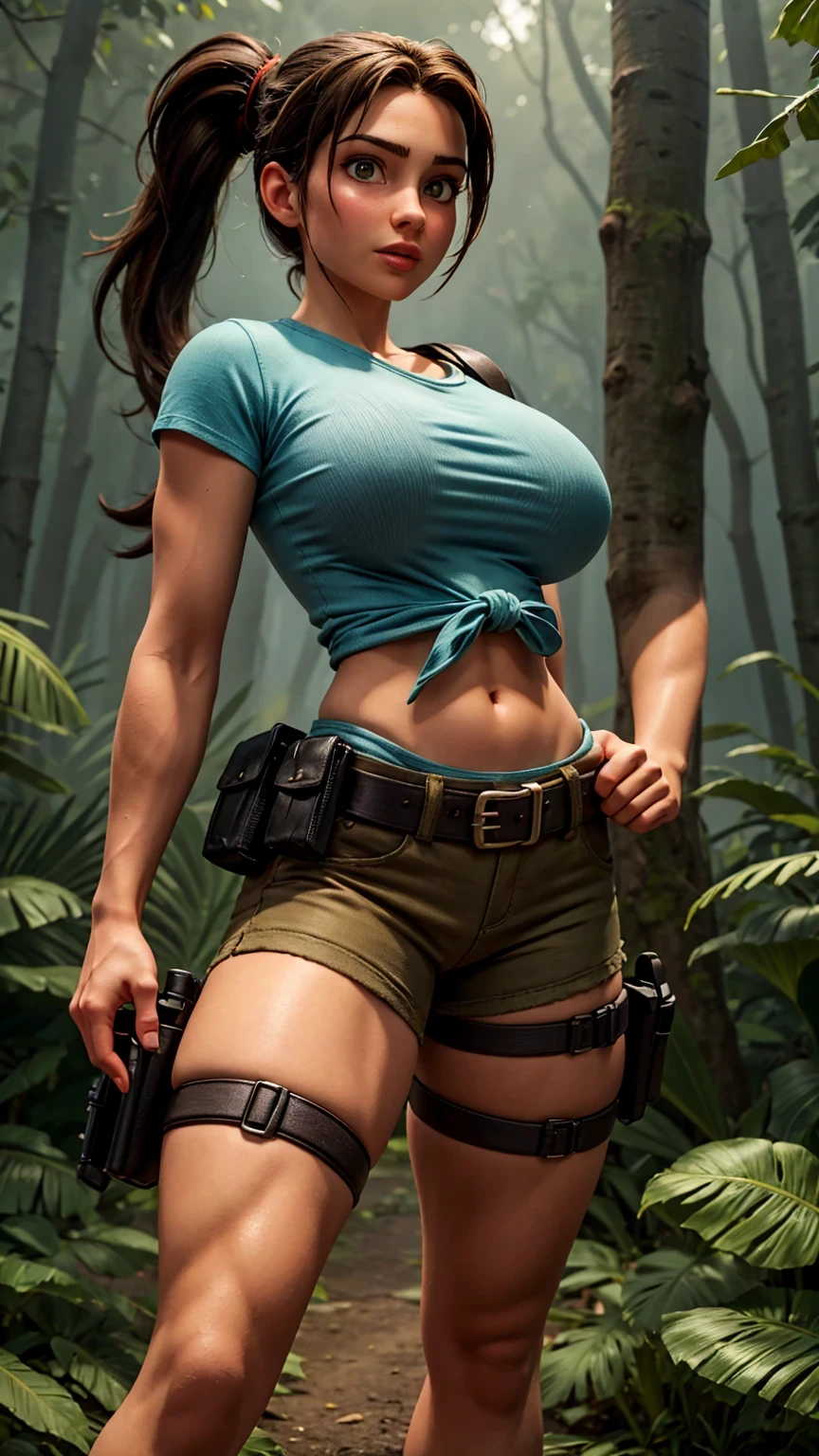 8K, Ultra HD, Super details, high quality, High resolution. lara Croft looks beautiful in a full body photo, her body is sculptural. Her black hair is tied in a ponytail a perfect match with her full lips, her bright eyes mesmerize everyone. She is wearing a light blue, form-fitting t-shirt that allows  of movement, khaki shorts with side pockets that are practical for storing items, black combat boots, robust and suitable for difficult terrain, a utility belt, often Adorned with climbing gear and archeology tools, Lara is also often seen with a pair of pistols in holsters on her waist, reflecting her fearless character and combat skills. She looks very sexy, drawing attention to her big breasts and thick legs. She is in a dark forest in the fog.