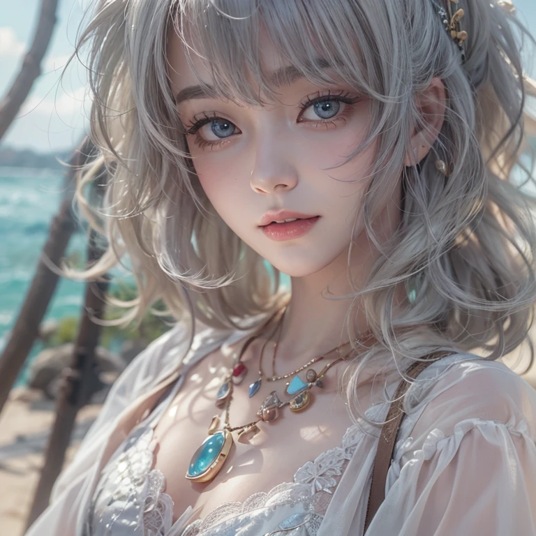 (masterpiece:1.3), (8k, Photorealistic, Raw photo, Best image quality: 1.4), Fair-skinned fairy woman、Long Haircut、Cleavage:2.0、Super detailed face、Attention to detail、double eyelid、Put your chest together、Sharp focus:1.2、Beautiful woman:1.4、Silvery white hair、highest quality、masterpiece、超A high resolution、(Photorealistic:1.4)、Highly detailed and professionally lit smile、Loose, light, Ancient Greek clothing、Shoulder out、thin、Serious expression、Short-haired、Deadly position, gorgeous accessories, one person、whole body,walking the beach