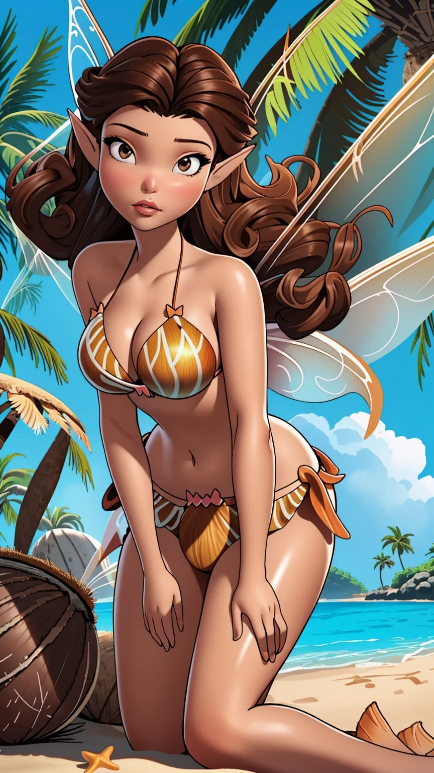 1girl in, age18, Rosetta Waifu, photo of perfect woman, miniature ferry, Solo, (miniature girl and a huge world: 1.2), Aesthetic artwork, (long brown hair, brunette with curls:1.25), (pale skin, large breasts, DD-cup, runners body, very thin waist, skinny, petite, detailed skin texture), (fairy wings, big fairy wings, fairy ears: 1.33), (lying face down on the ground, squished on the sand, on a sandy beach, seductive eyes, glossy lips, focus on breasts:1.2), (wearing coconut bikini, grass skirt: 1.5), (surrounded by giant seashell, tiny girl surrounded by giant objects, detailed outdoor tropical beach:1.3), (extremely detailed 8k wallpaper), soft lighting, high quality, film grain, Fujifilm XT3 sharp focus, f 5.6, 50mm, High Detail, Sharp focus,(natural light), crazy details, complex details, hyper detailed. (cowboy photo:1.2), light particles, sfw