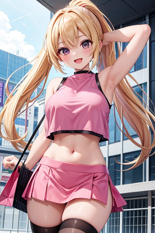 (best quality:1.1), (masterpiece:1.4), (absurdres:1.0),
1girl, long_hair, very long hair, blonde hair, ponytail, (flat chest), looking at viewer, outdoors, (blush:1.2), city, smile, young, slutty girl, nice hips, wearing tight bike-shorts, midriff, (wearing very tight tube top), bulging nipples, pink clothes,