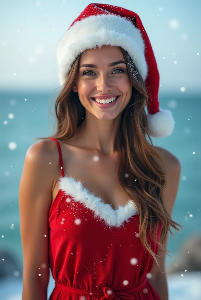 artistic illustration, beautiful detailed eyes, beautiful detailed lips, extremely detailed eyes and face, long eyelashes, fun and playful atmosphere, vibrant colors, sunny background, summer vibes, joyful expressions, confident poses, beach theme, tropical setting, clear blue water, palm trees in the background, sandy beach, bikini-clad women, Santa Claus costume, cheerful mood, festive atmosphere, attractive women, holiday spirit, party scene, happy celebration, high quality, HDR, vivid colors, studio lighting, ultra-fine painting, beach resort, tropical paradise