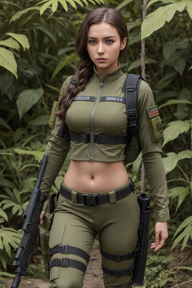 sexy woman big breasts athletic body thick thighs wearing camouflage pants tactical belt military green bra blue military beret scenery a road surrounded by trees 