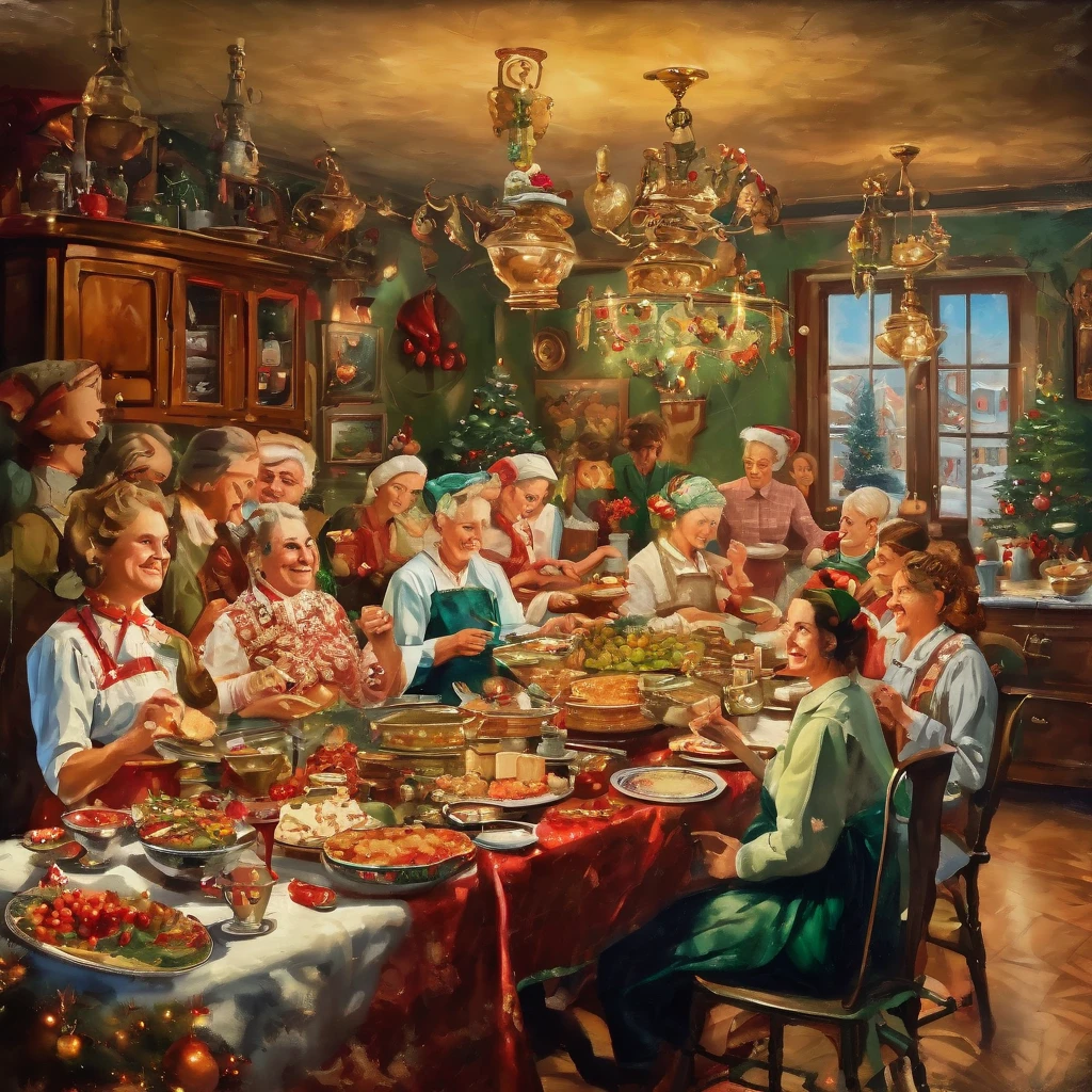 Masterpiece, people in vintage kitchen enjoying christmas meal, gorgeous christmas gourry decorated, oil painting, super detailed
