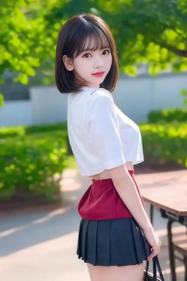 {{{ Clear White Skin}}}、{{{Small face}}}、{{{Small face}}}、{{{Whitening}}}、{{{Fair skin}}}、 high school girl、 sailor suit、White summer clothes、The collar is black 、 white three lines 、 sailor suitの丈は短い、 red scarf length is short、 pleated skirt、 the pleats are narrow 、 black skirt、 length short skirt 、 miniskirt、Droopy eyes、 eyes are droopy、Drooping eye corners、Many eyelashes、Eyelashes are bristly、 lipstick is clear、 perfect body、Heavy makeup、 hair is brown 、 short bob from behind、With bangs、Beautiful breasts、Big Breasts、Busty、超Big Breasts、 big enough to burst、Small waist、Small Ass、細い足、 long foot、Short torso、
